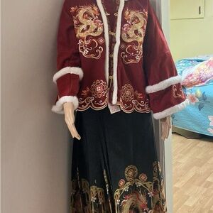 Elegant Red and Black Embroidered Jacket and Skirt Set